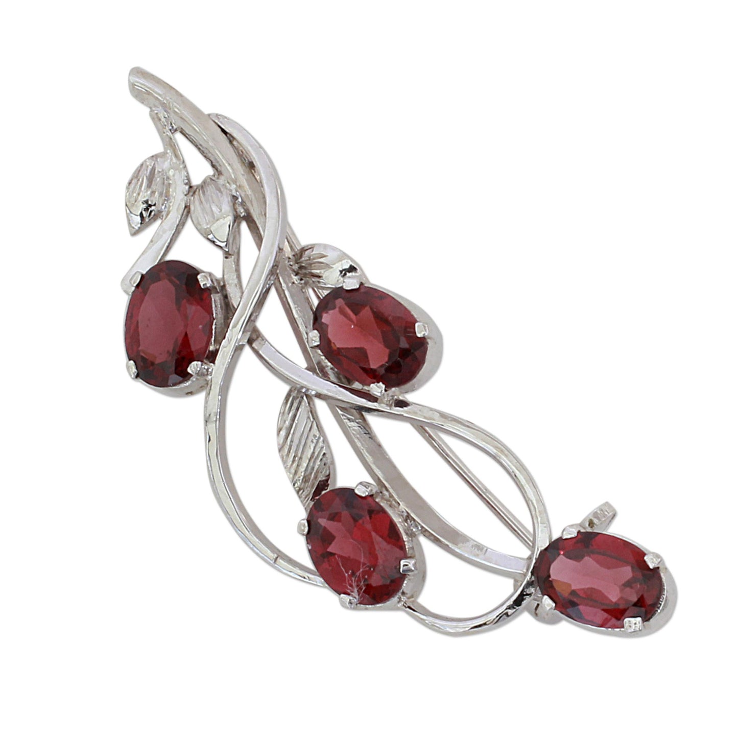 Taste of Autumn Garnet and Sterling Silver Leafy Brooch from India