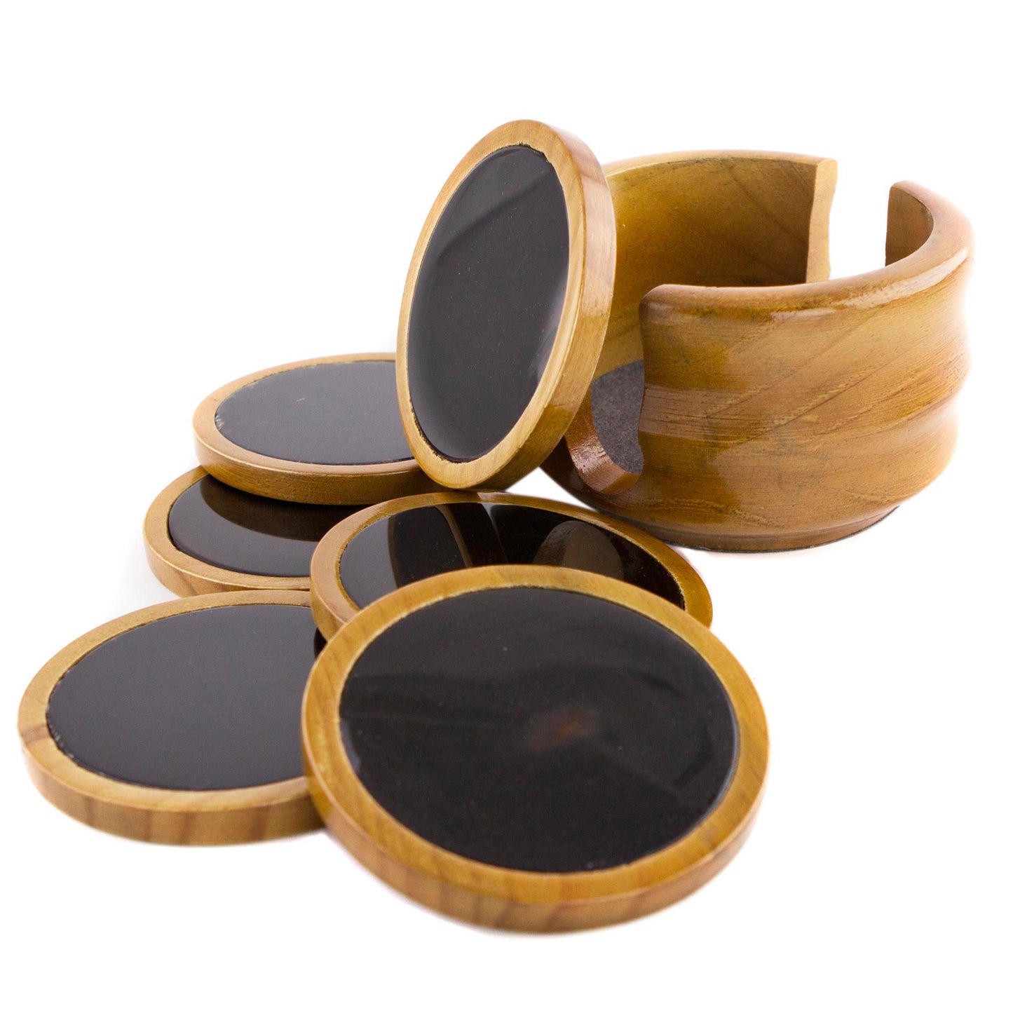 Nocturnal Wisdom Set of 6 Black Agate and Cedar Wood Coasters with Stand