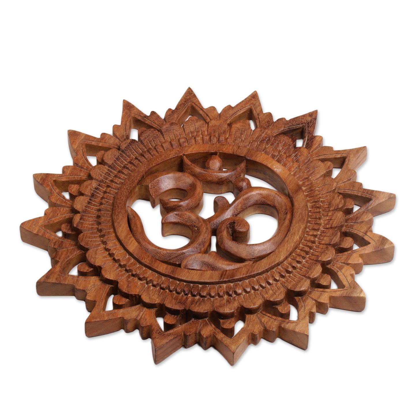 Om Bloom Hand Carved Suar Wood Om Relief Panel from Bali