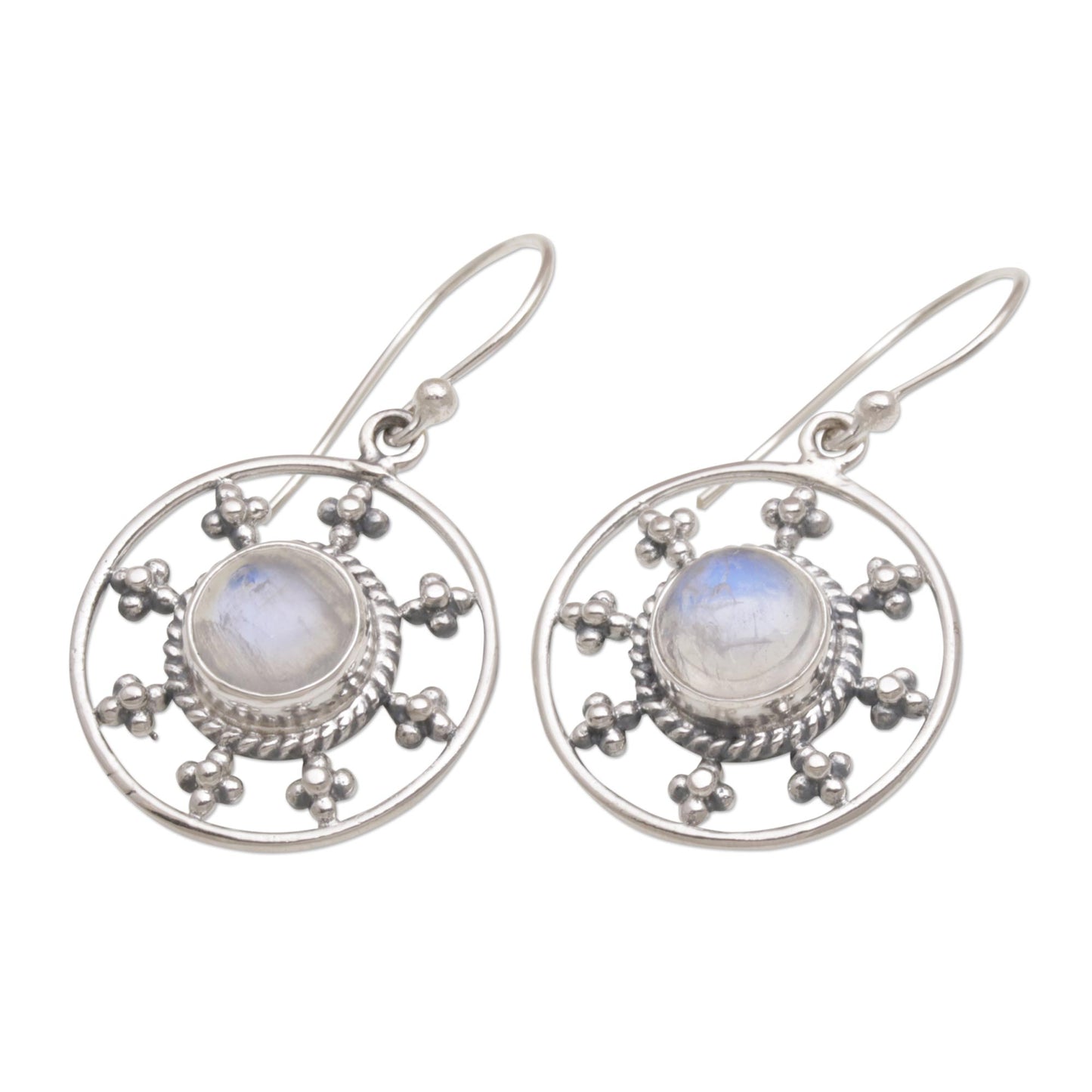Rainbow Plains Rainbow Moonstone and 925 Silver Circular Earrings from Bali