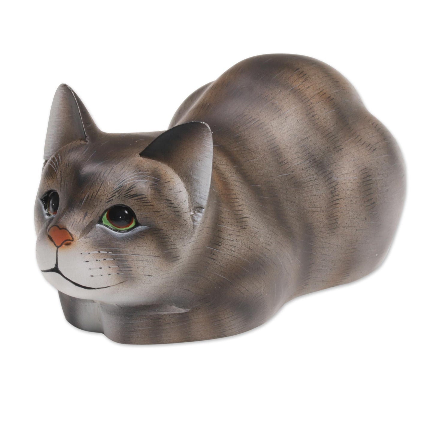 Resting Kitty Resting Wood Cat Sculpture in Grey and White from Bali