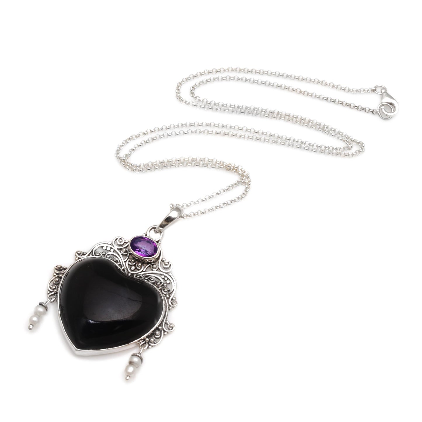 Love Like Midnight Amethyst Cultured Pearl Silver Black Bone Heart Necklace