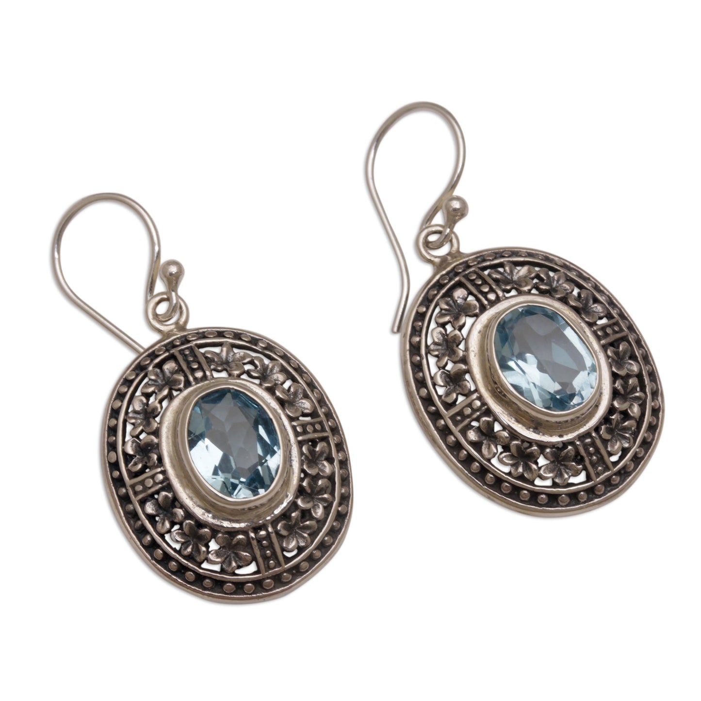 Plumeria Shield Four Carat Blue Topaz Floral Sterling Silver Earrings