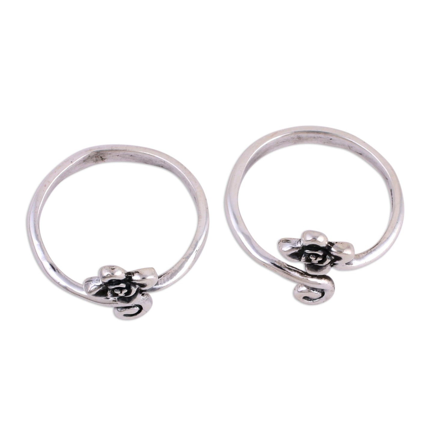 Flower and Swirl Flower Motif Toe Rings Handmade in Sterling Silver (Pair)