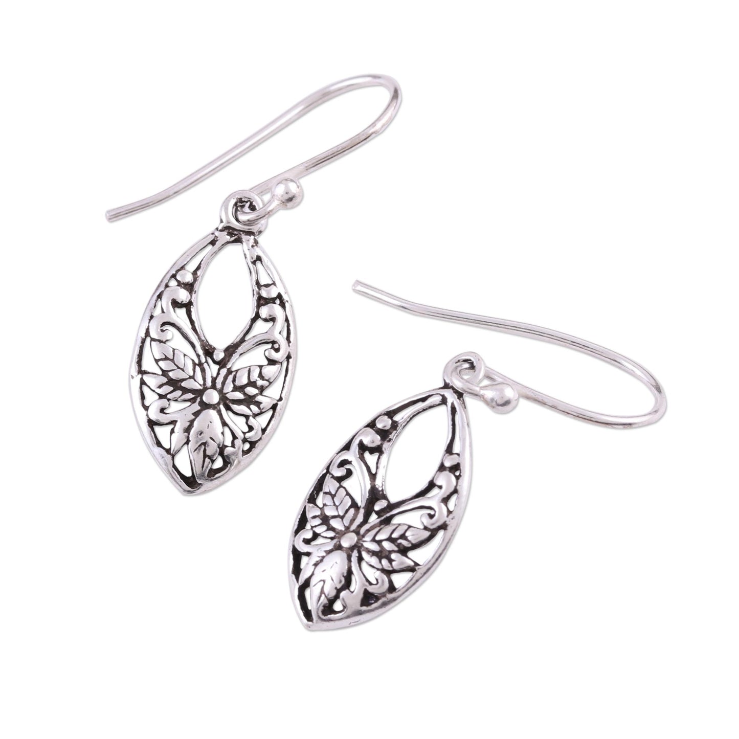 Bygone Flowers Leaf and Flower Themed Sterling Silver Dangle Earrings