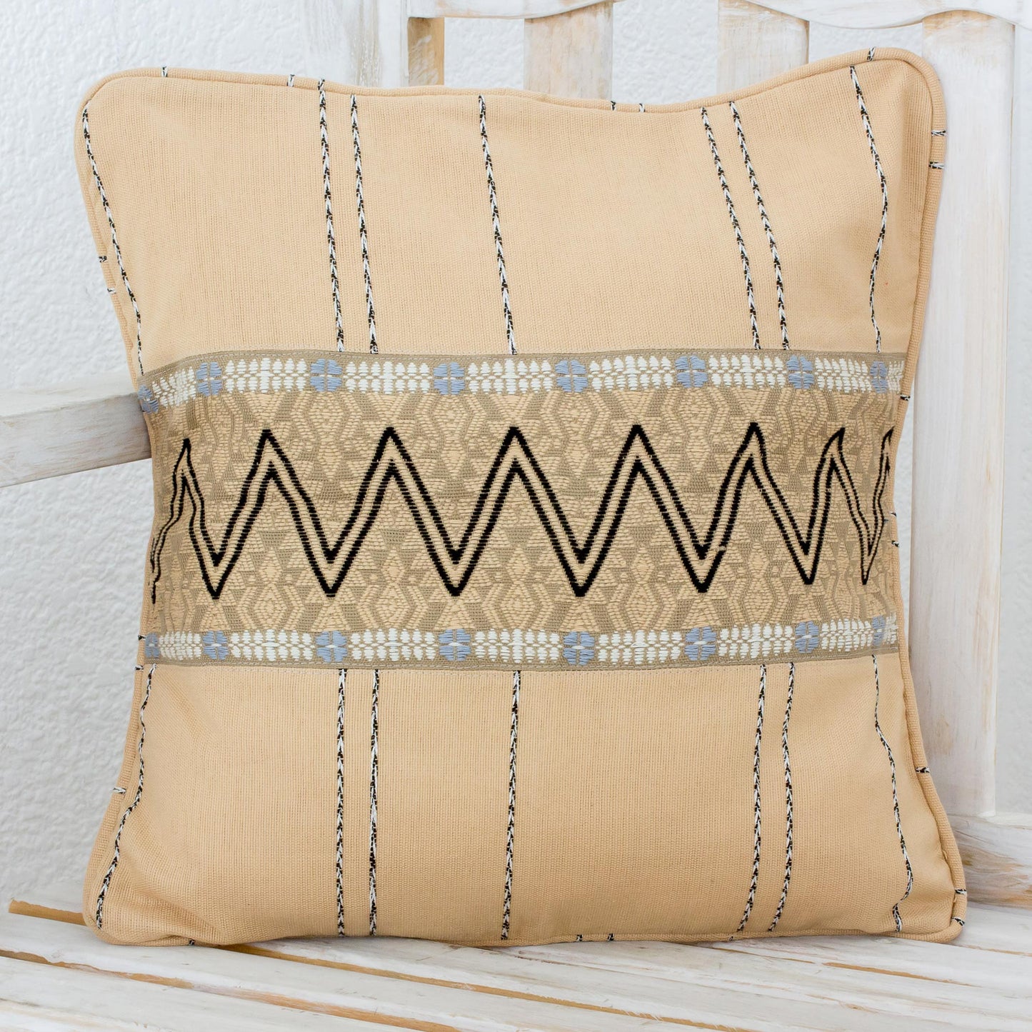 Zigzag Lines in Wheat Handwoven Cotton Cushion Cover in Wheat from Guatemala