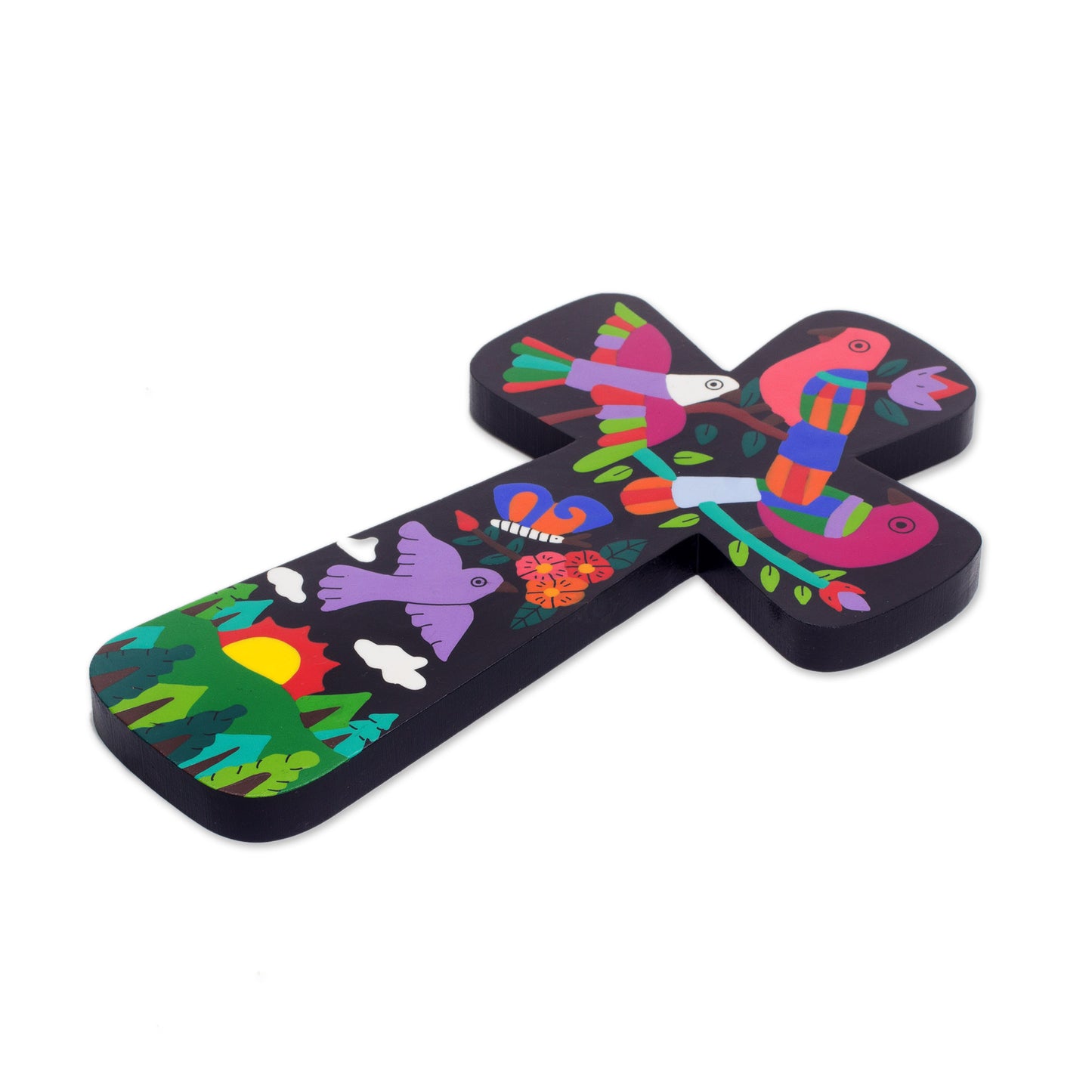 Neon Nature Pinewood Wall Cross with Neon Bird Motifs from El Salvador