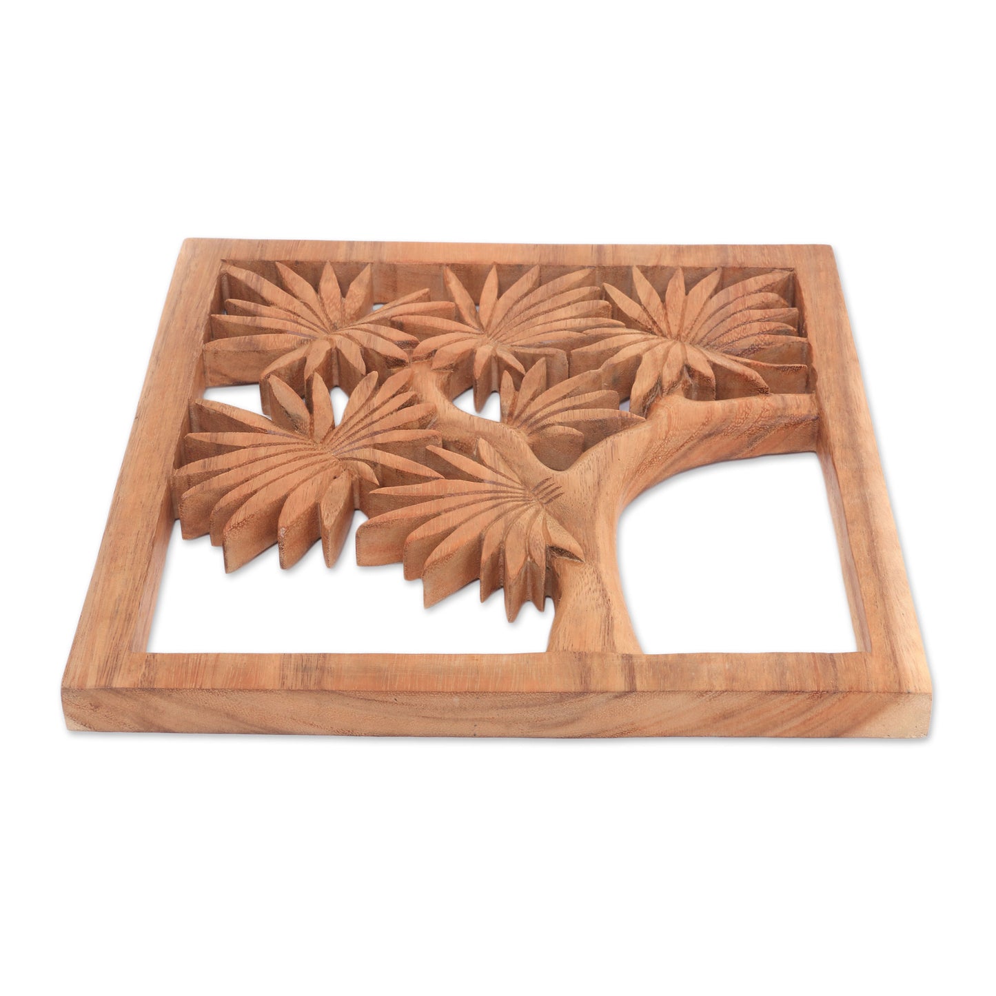 Greenery View Hand-Carved Balinese Tree Relief Panel in Suar Wood