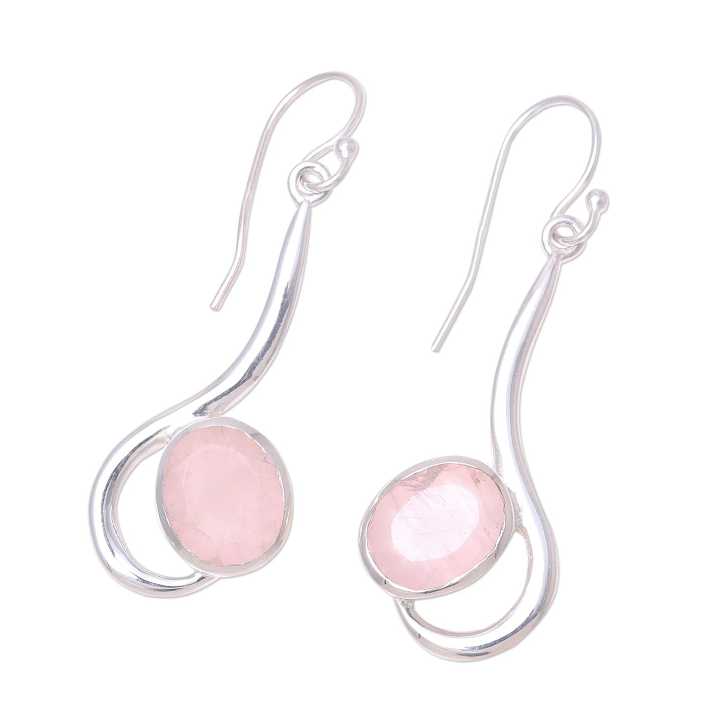 Cool Sabarmati Rose Quartz Ovals Set In Sterling Silver Arc Dangle Earrings