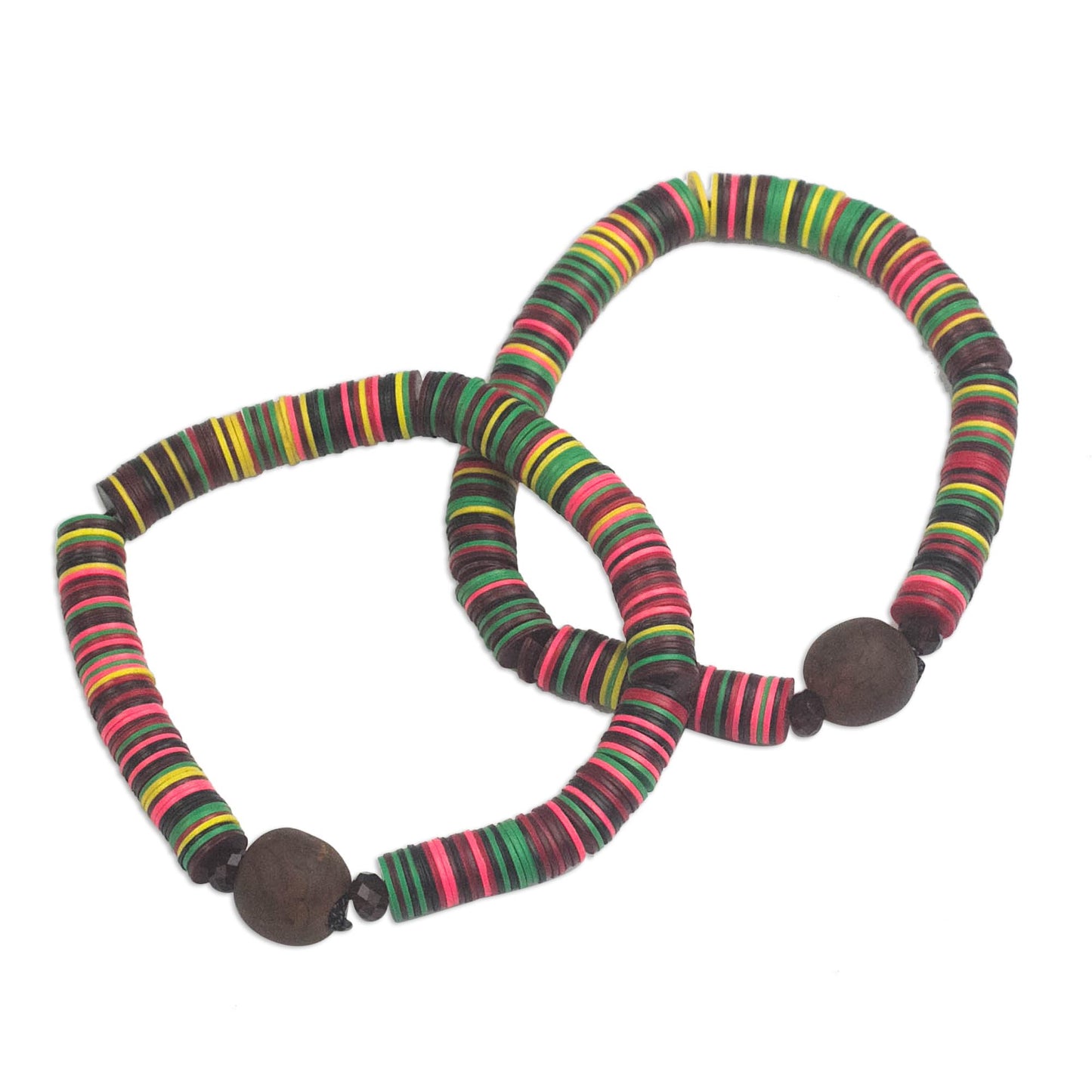 Gathering of Colors Recycled Plastic and Glass Beaded Pair of Stretch Bracelets