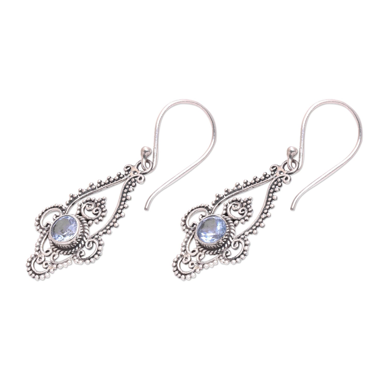 Elegant Evening in Blue Blue Topaz Sterling Silver Dot and Scroll Dangle Earrings
