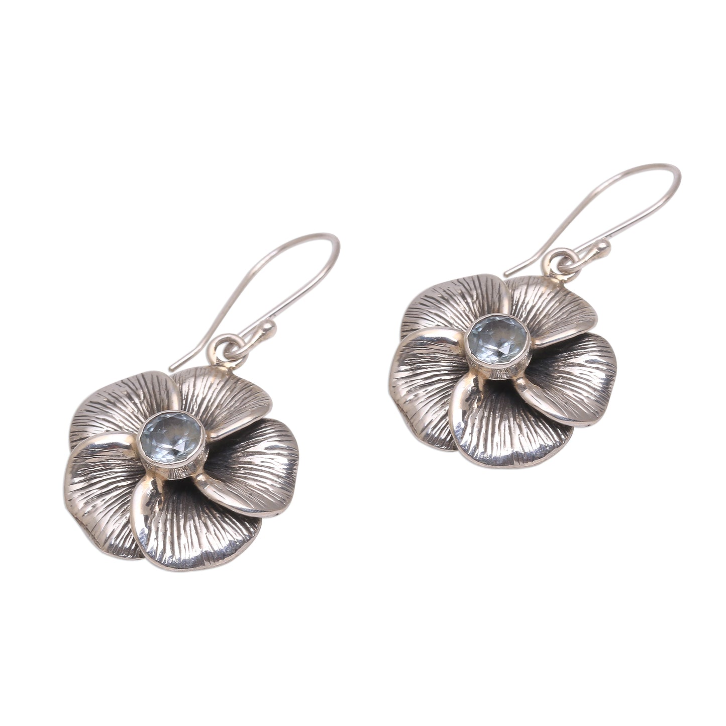 Plumeria Sparkle Blue Topaz Frangipani Flower Dangle Earrings from Bali