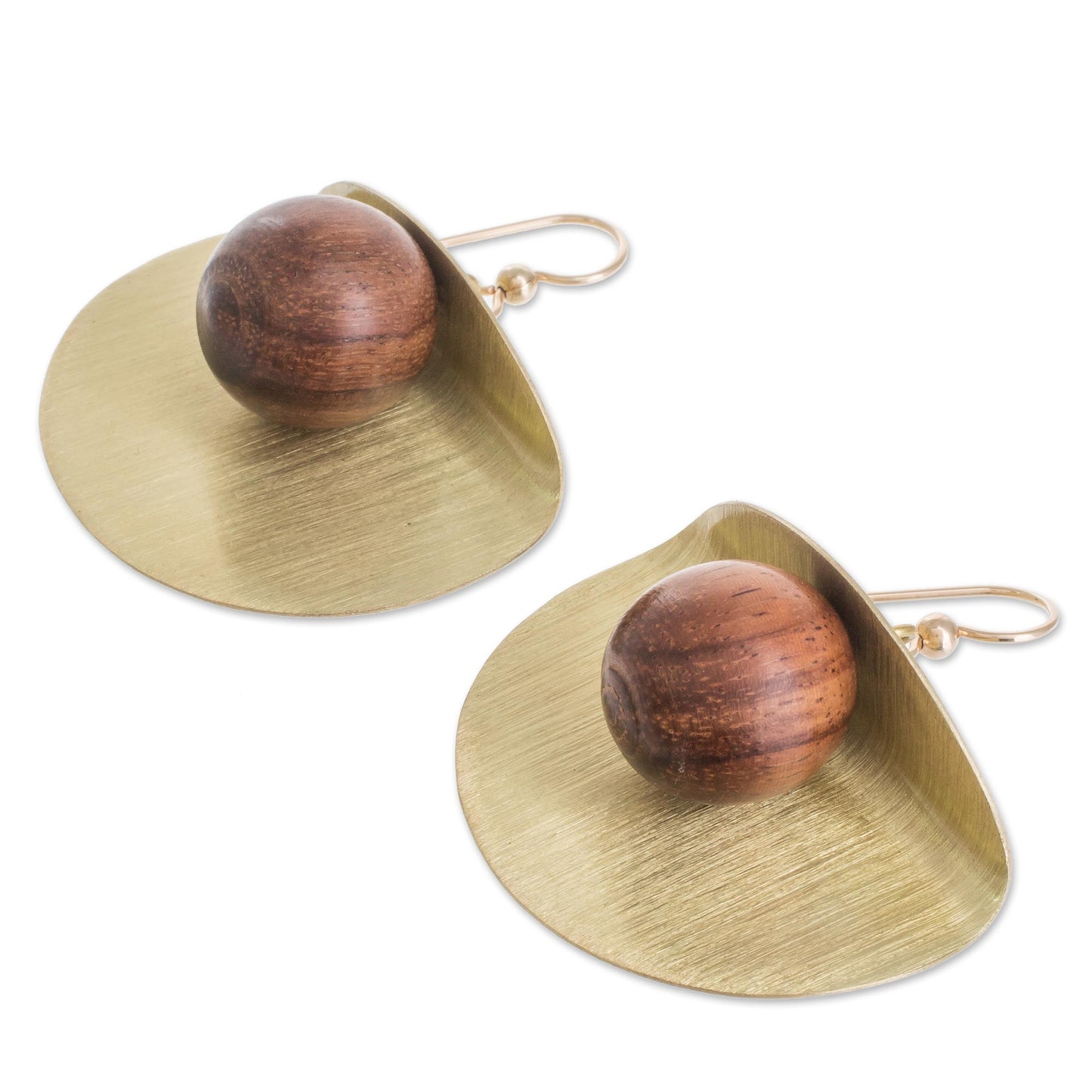 Winking Moon in Brass Brass and Wood Bead Dangle Earrings with 18K Gold Hooks