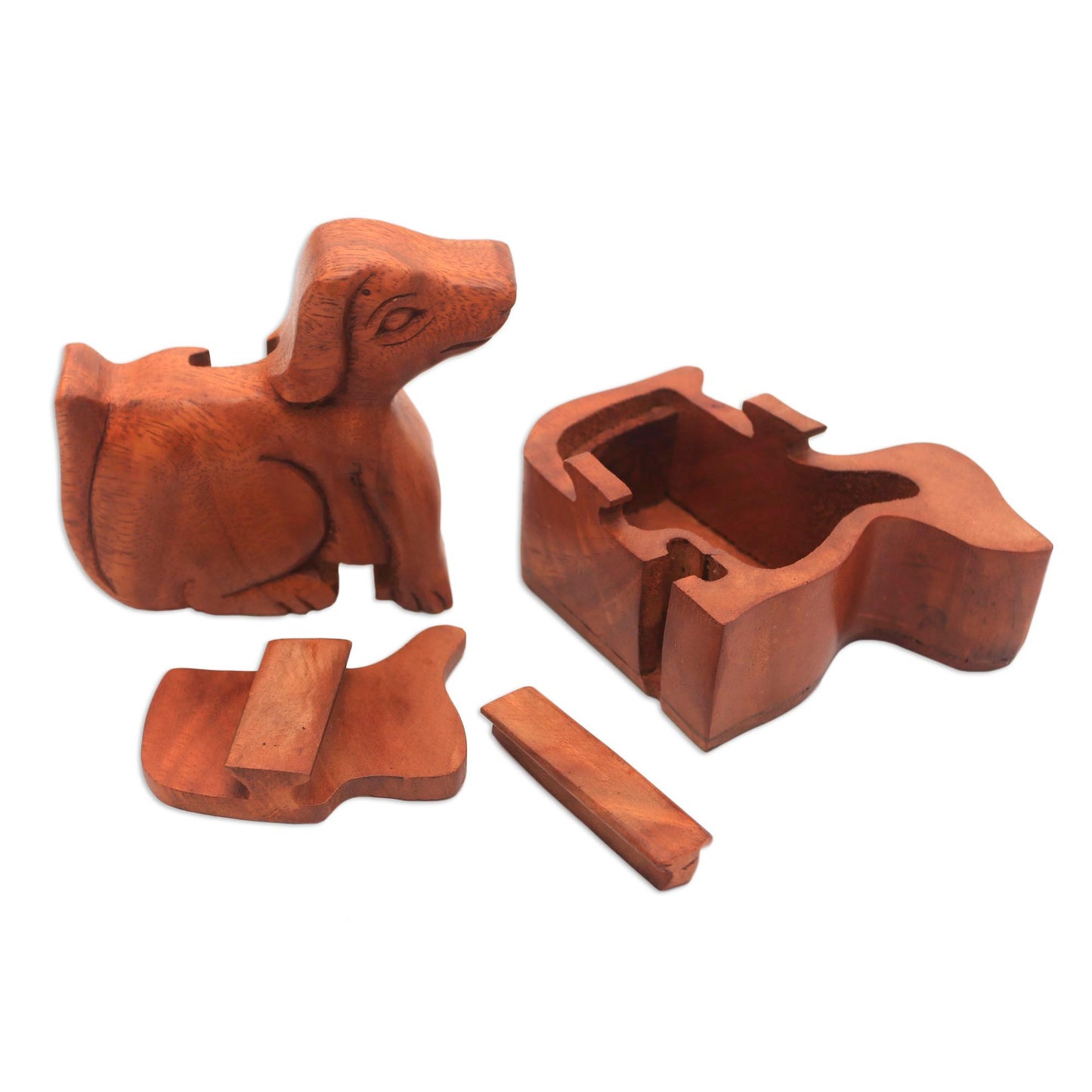 Playful Dog Handmade Suar Wood Dog Puzzle Box from Bali