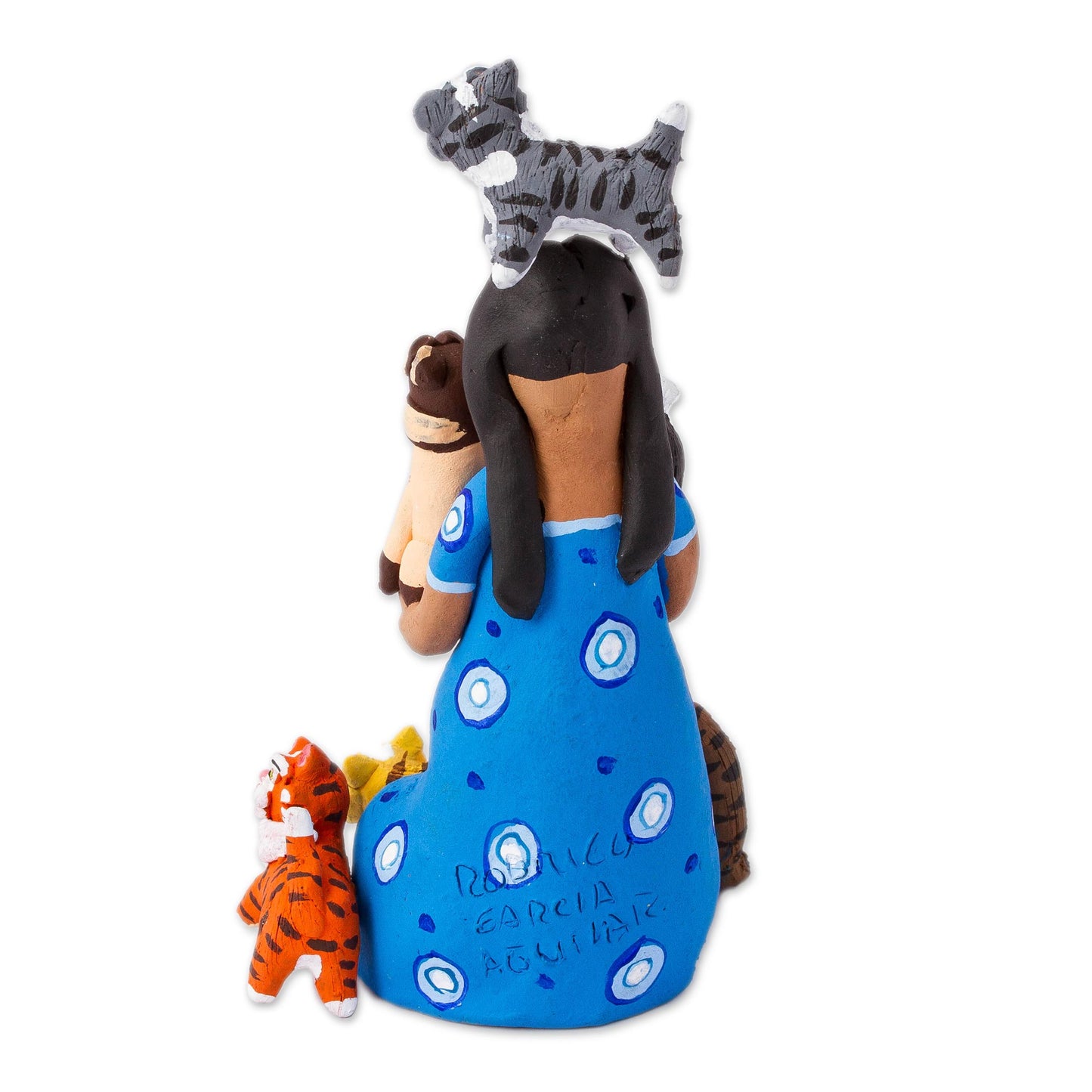 Woman with Cats in Blue Hand-Painted Ceramic Sculpture of a Woman with Cats