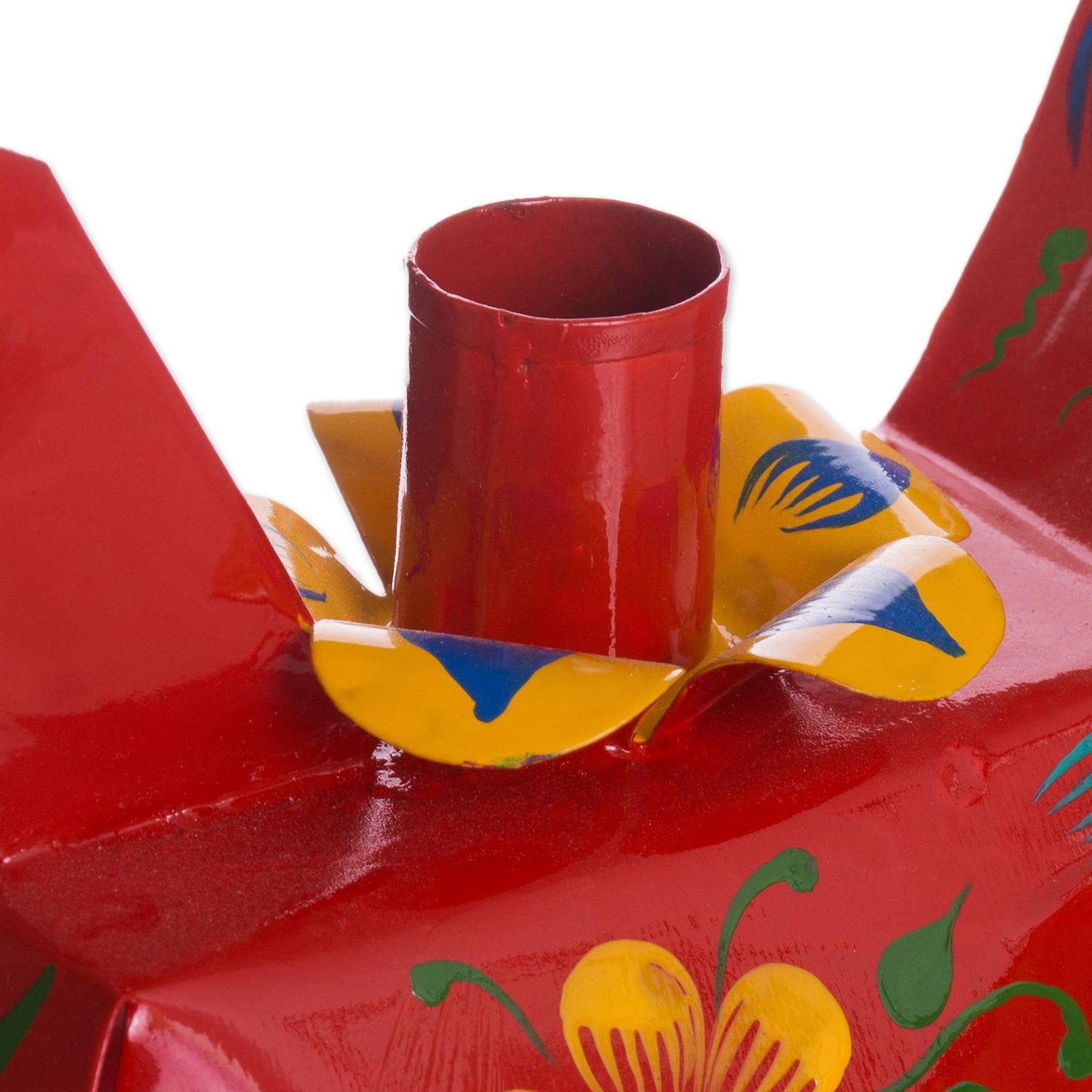Floral Peacock in Red Recycled Metal Peacock Candle Holder in Red from Peru