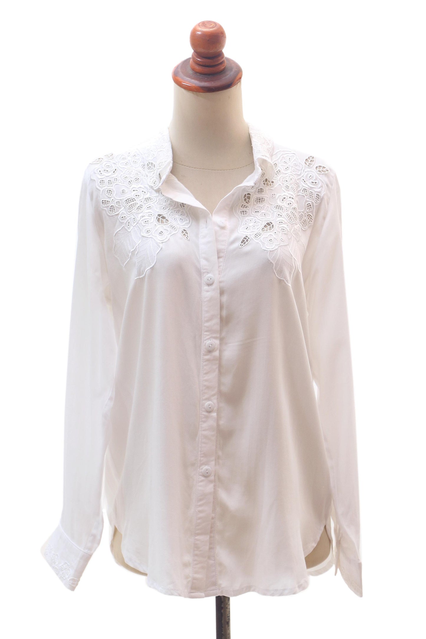 Floral Cloud in White Floral Rayon Button-Front Blouse in White from Bali