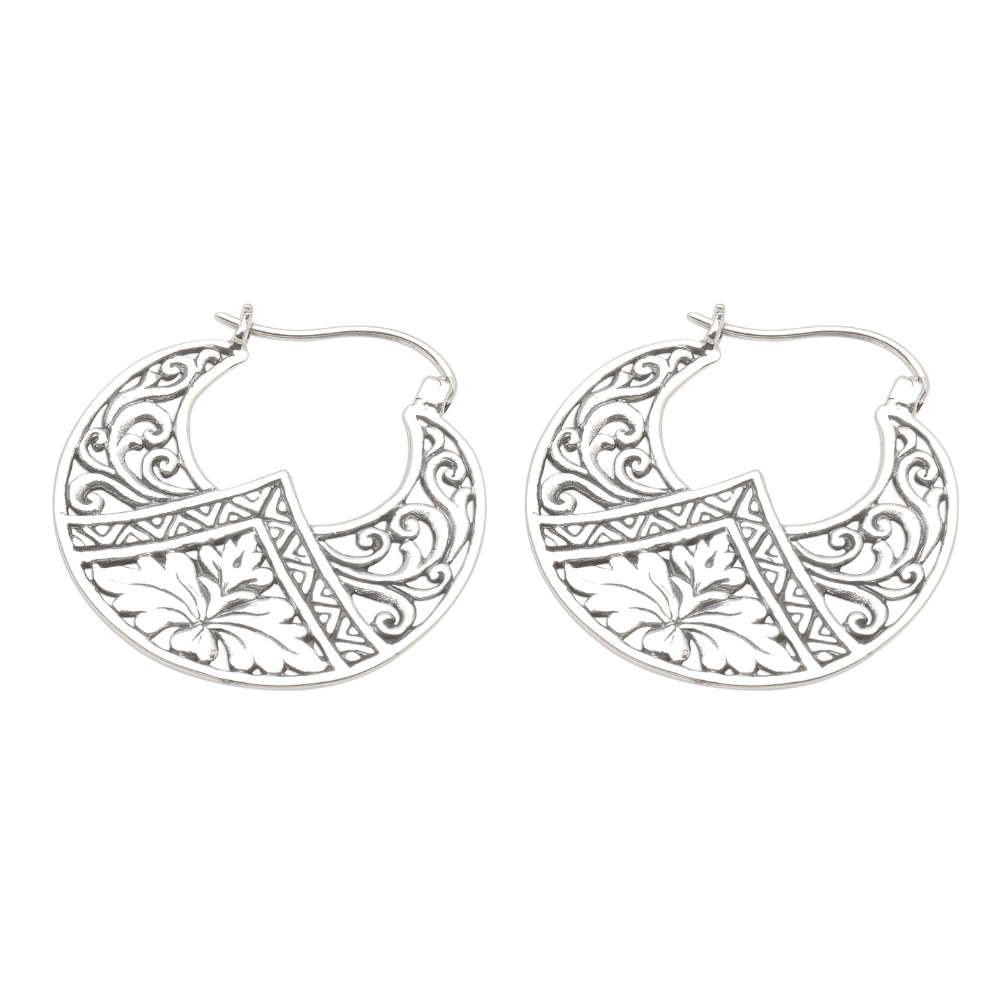Flame Flower Sterling Silver Floral Theme Hoop Earrings from Bali