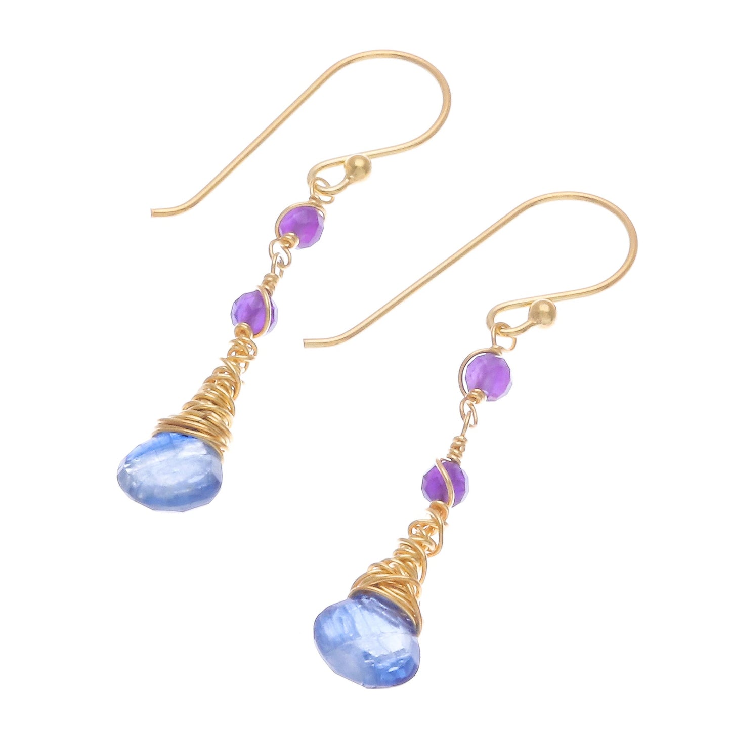 Ocean Tears 24 Gold Plated Kyanite and Amethyst Earrings