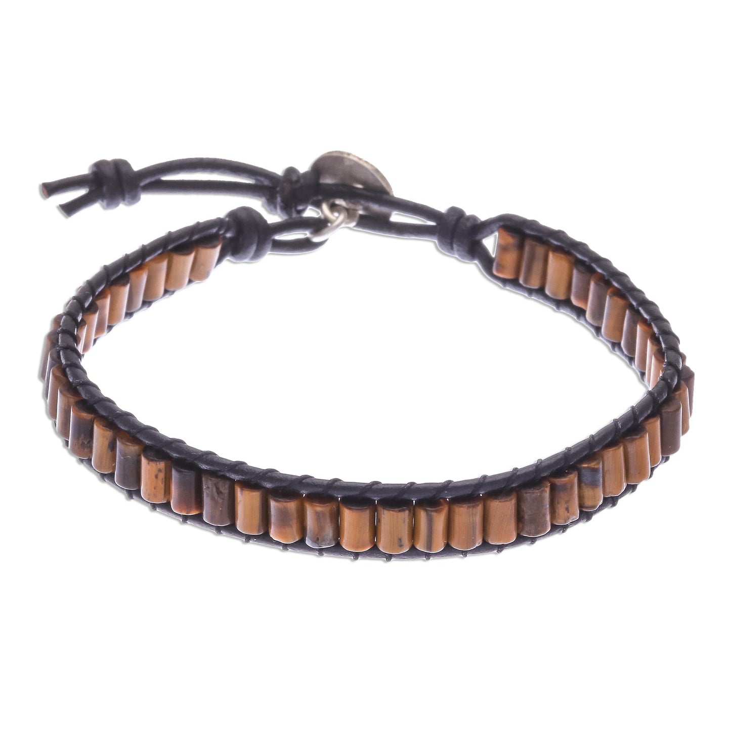 Channels Tiger's Eye Beaded Wristband Bracelet with Leather