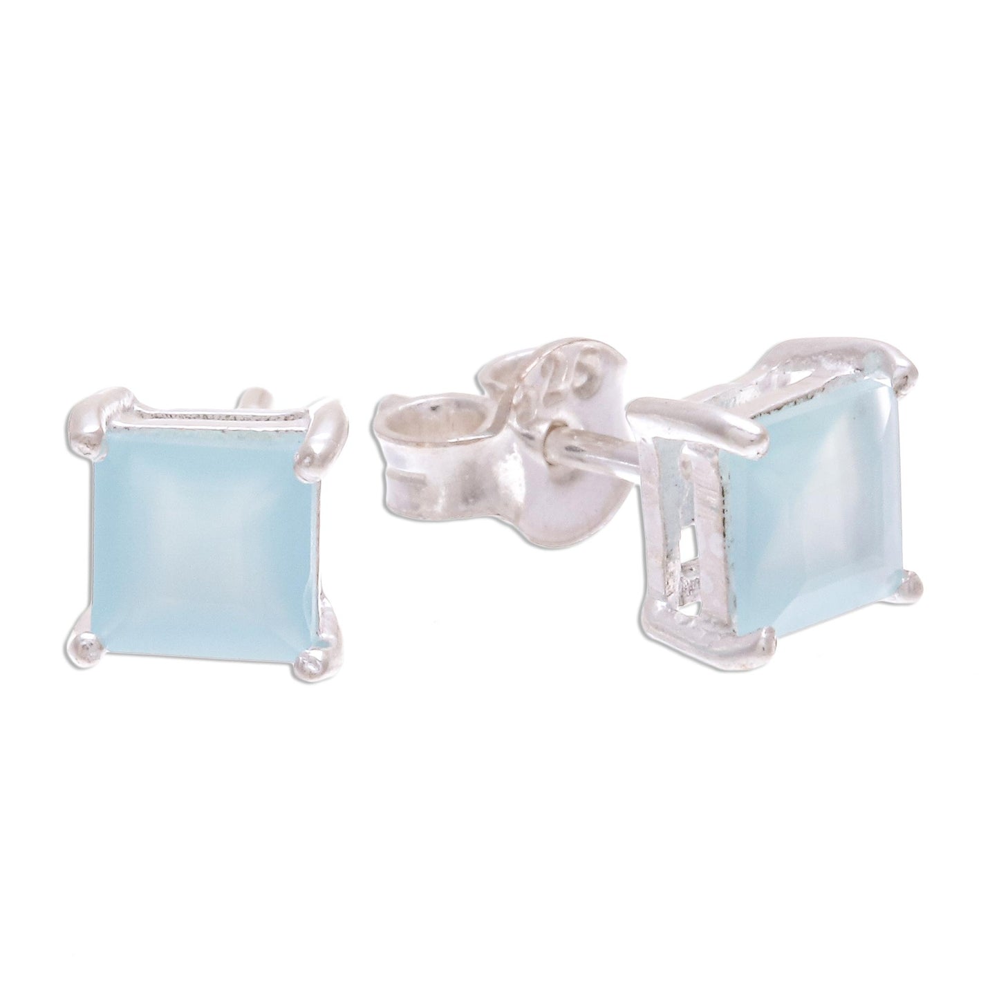Good Luck Charm in Blue Thai Hand Made Sterling Silver Chalcedony Stud Earrings