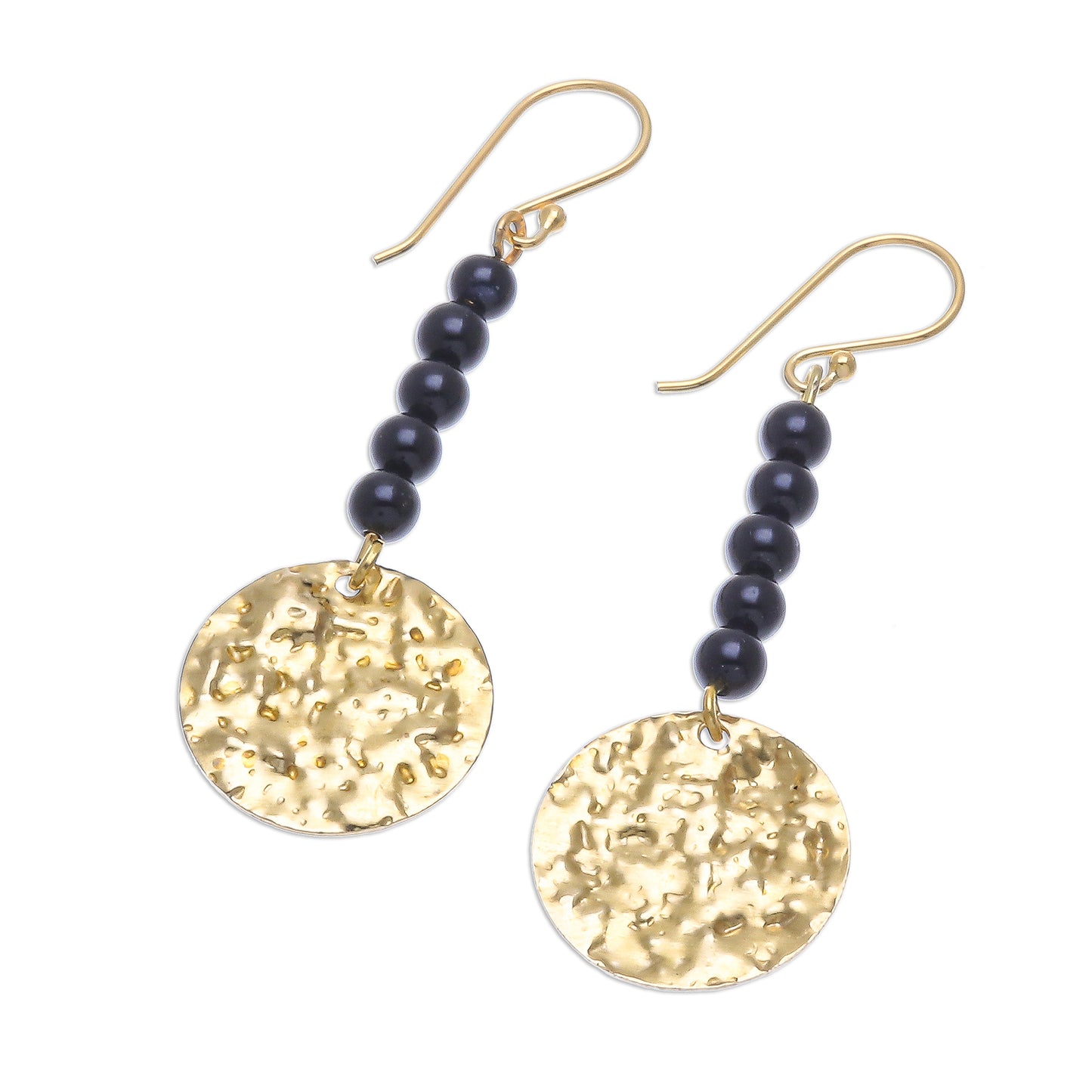 Golden Coin in Midnight Black Onyx Bead and Brass Coin Dangle Earrings