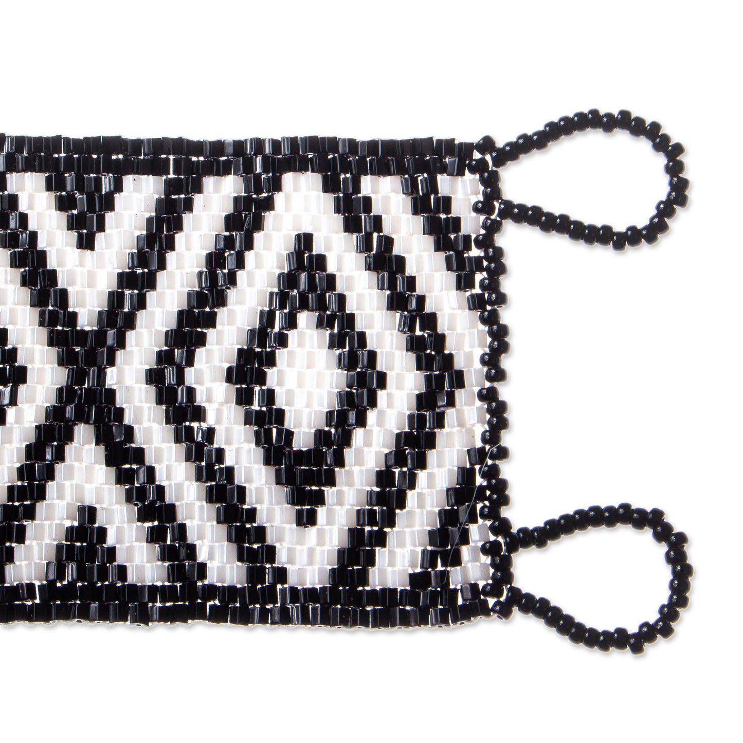 Black and White Diamonds Huichol Handmade Black and White Beadwork Bracelet
