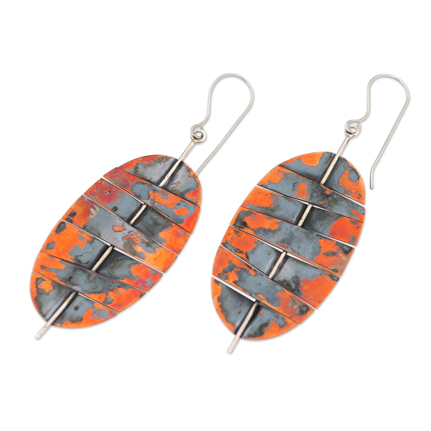Oval Stitches Balinese Copper and Stainless Steel Dangle Earrings