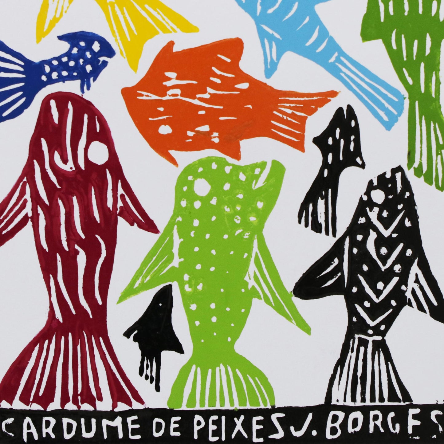 School of Fish Colorful Fish Woodcut Print by J. Borges in Brazil
