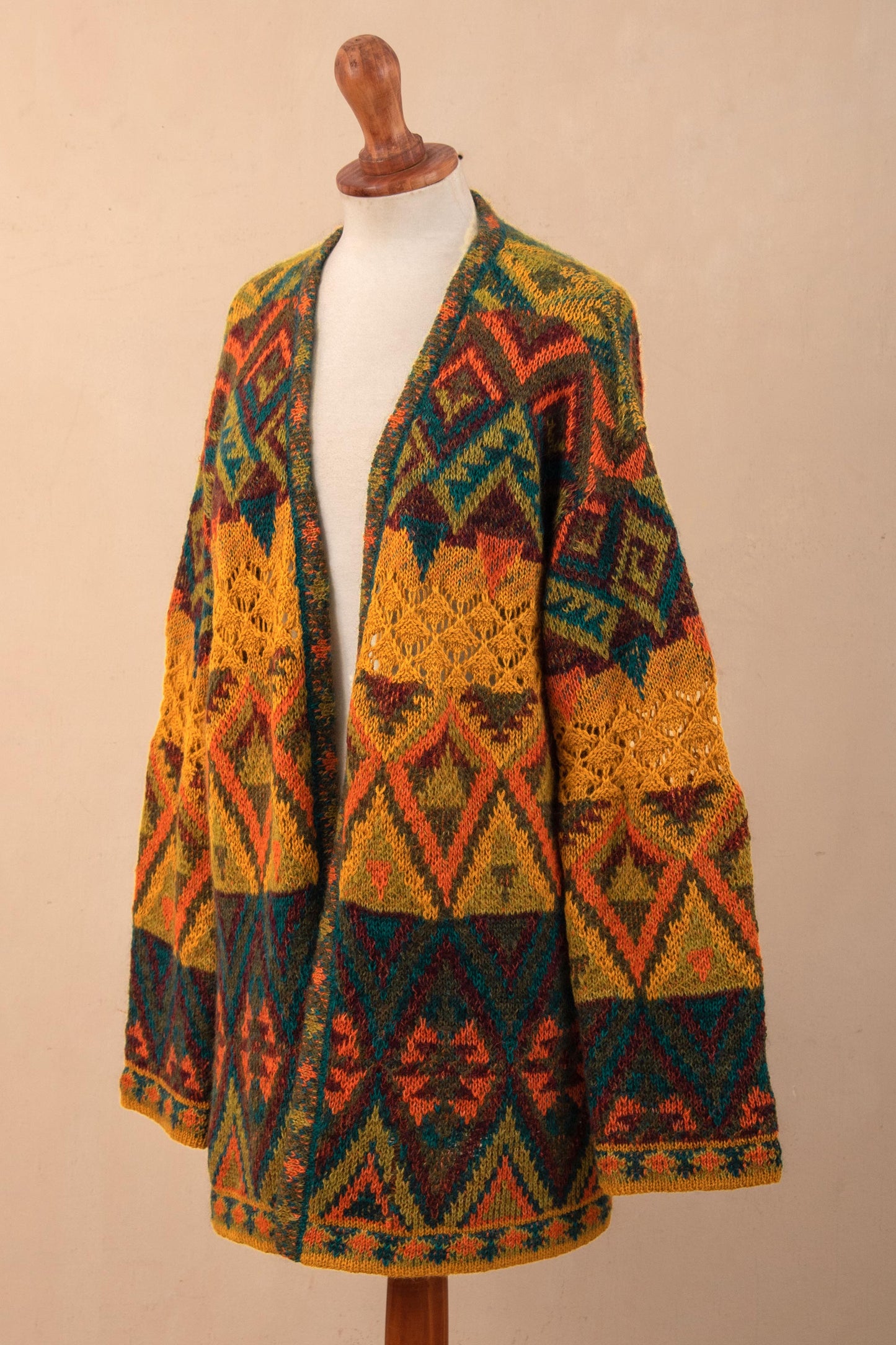 Chevere Art Knit Cardigan Baby Alpaca Blend Geometric Motifs Knit Cardigan Sweater