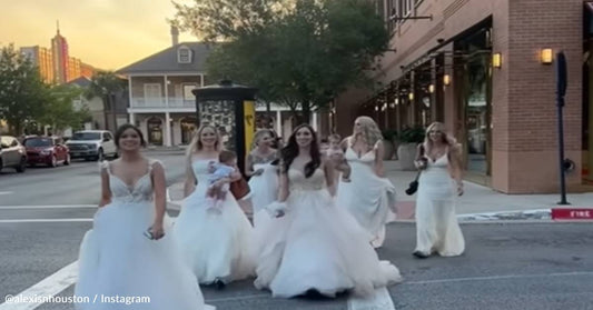 Mom And Six Daughters Go Out For Dinner Wearing Their Wedding Dresses