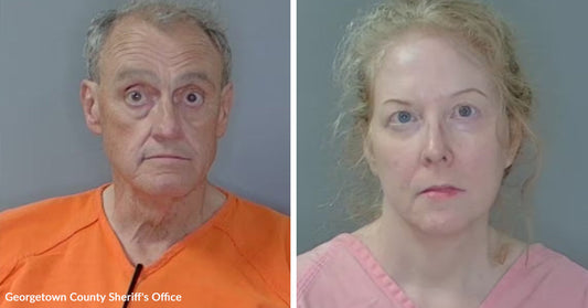 Two mugshot-style photos of an older man in an orange shirt and a woman in a pink top against plain backgrounds.