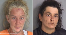 Side-by-side mugshots of a blond woman in an orange jail shirt and a dark-haired woman against gray backgrounds.