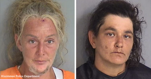 Side-by-side mugshots of a blond woman in an orange jail shirt and a dark-haired woman against gray backgrounds.