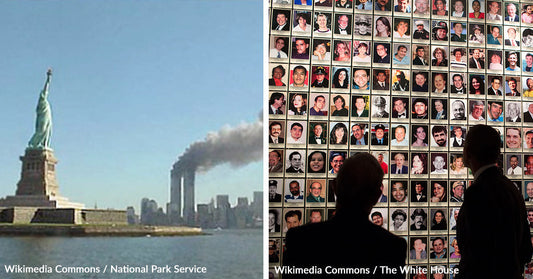 Split image showing Statue of Liberty with Twin Towers burning in the background on the left, and people viewing a wall of September 11 victim portraits on the right.