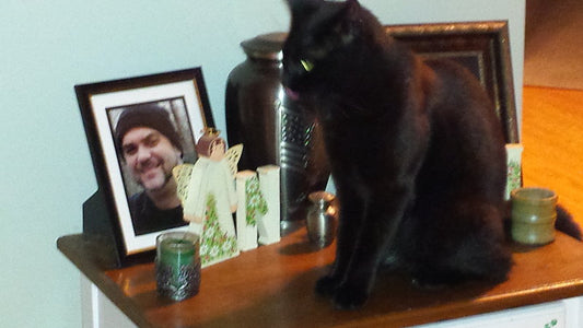 Black cat sitting on a wooden table beside a framed photo and decorative items.