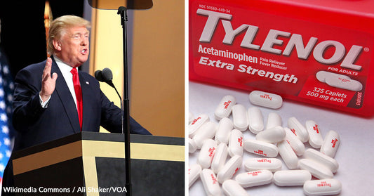 Split image showing Donald Trump speaking at a podium on the left and a red Tylenol Extra Strength box with scattered pills on the right.