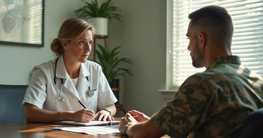Doctor seated across a desk from a military service member in uniform during a medical consultation inside a sunlit office.