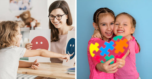 Therapist holding happy and sad face cards while a child points to one during an emotional learning activity.