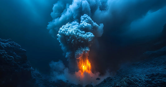 An underwater volcanic eruption releases glowing lava and a massive cloud of smoke and ash into the deep ocean.