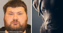 Split image showing a mugshot-style portrait of a man beside a dark-colored dog in dramatic low light.