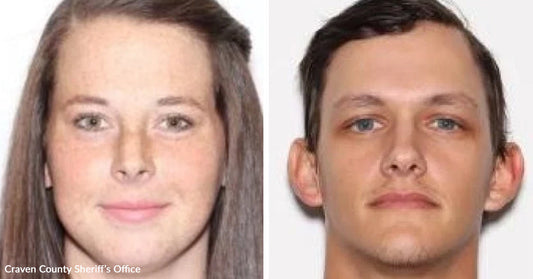 Two mugshot-style portraits of a woman and a man shown side by side.