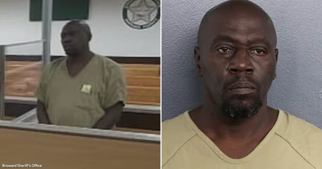 On the left, a man in a green jail uniform stands in what appears to be a courtroom; on the right, a bald man with a goatee poses for a.