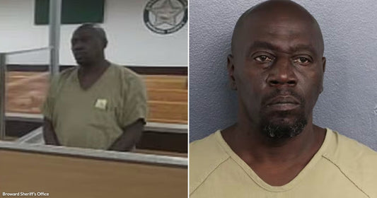 On the left, a man in a green jail uniform stands in what appears to be a courtroom; on the right, a bald man with a goatee poses for a.