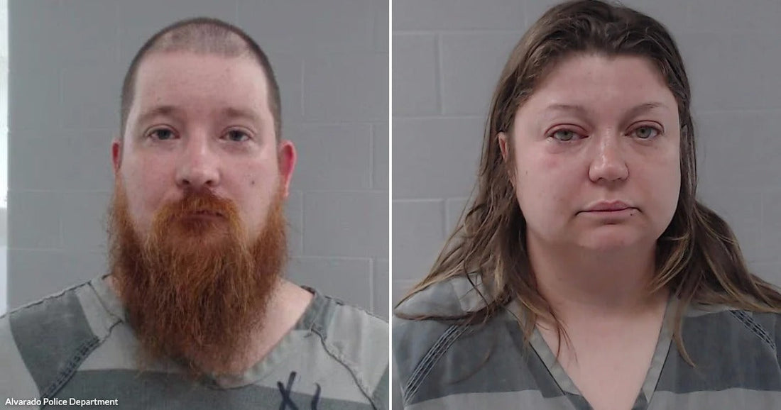 On the left, a man with a red beard in striped prison attire stands against a concrete block wall; on the right, a woman with long brown hair in similar.