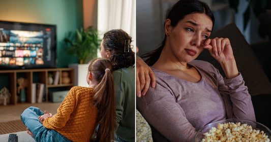 On the left, three people sit on a couch browsing a streaming service on a large TV; on the right, two women watch a movie together, one wiping away tears.