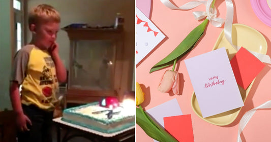 Left, A young blonde boy standing in front of a birthday cake. Right, birthday cards on a pink table with ribbon.