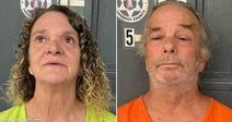 On the left, a woman with curly hair in a yellow shirt stands before a sheriff's department backdrop; on the right, a gray-haired man in an orange jumpsuit poses similarly.