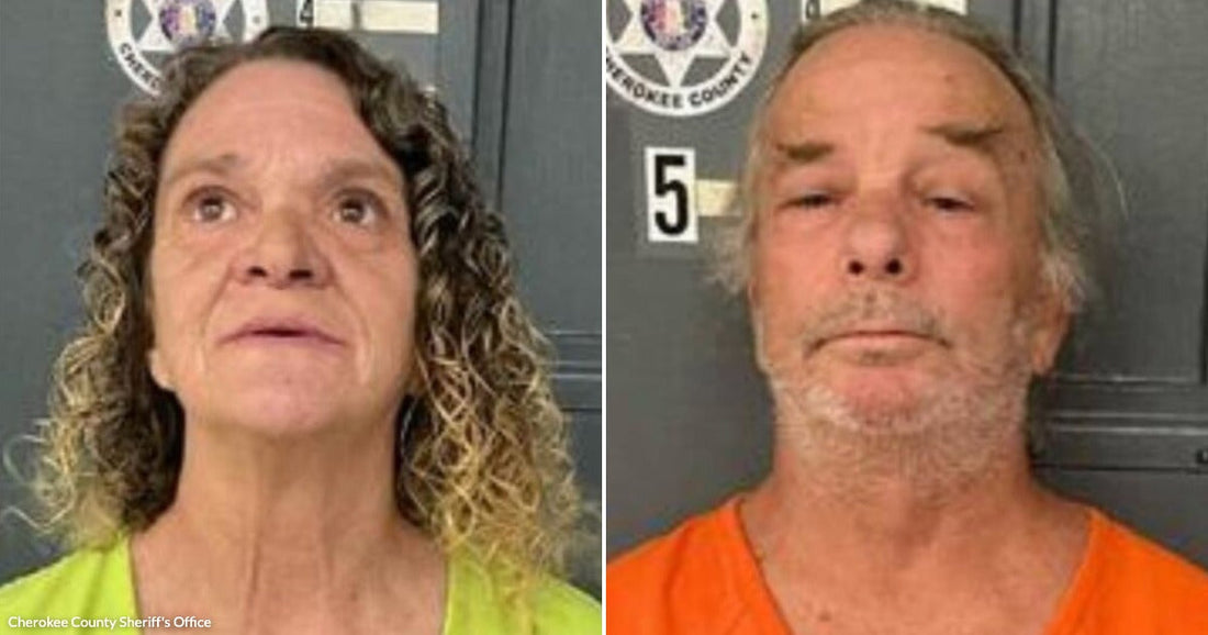 On the left, a woman with curly hair in a yellow shirt stands before a sheriff's department backdrop; on the right, a gray-haired man in an orange jumpsuit poses similarly.
