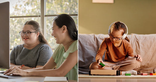 On the left, two smiling women sit together at a desktop computer; on the right, a young girl wearing headphones plays with colorful wooden blocks on a floor.